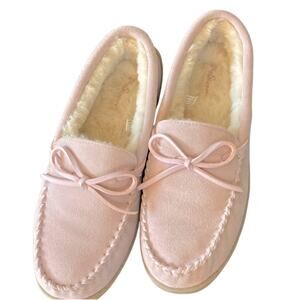 My slippers Womens 9 Moccasins Pink Comfort Suede Memory Leather Indoor Outdoor
